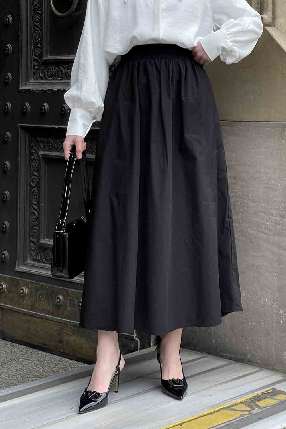 Lamelif Cep Detaylı Kloş Keten Etek Siyah