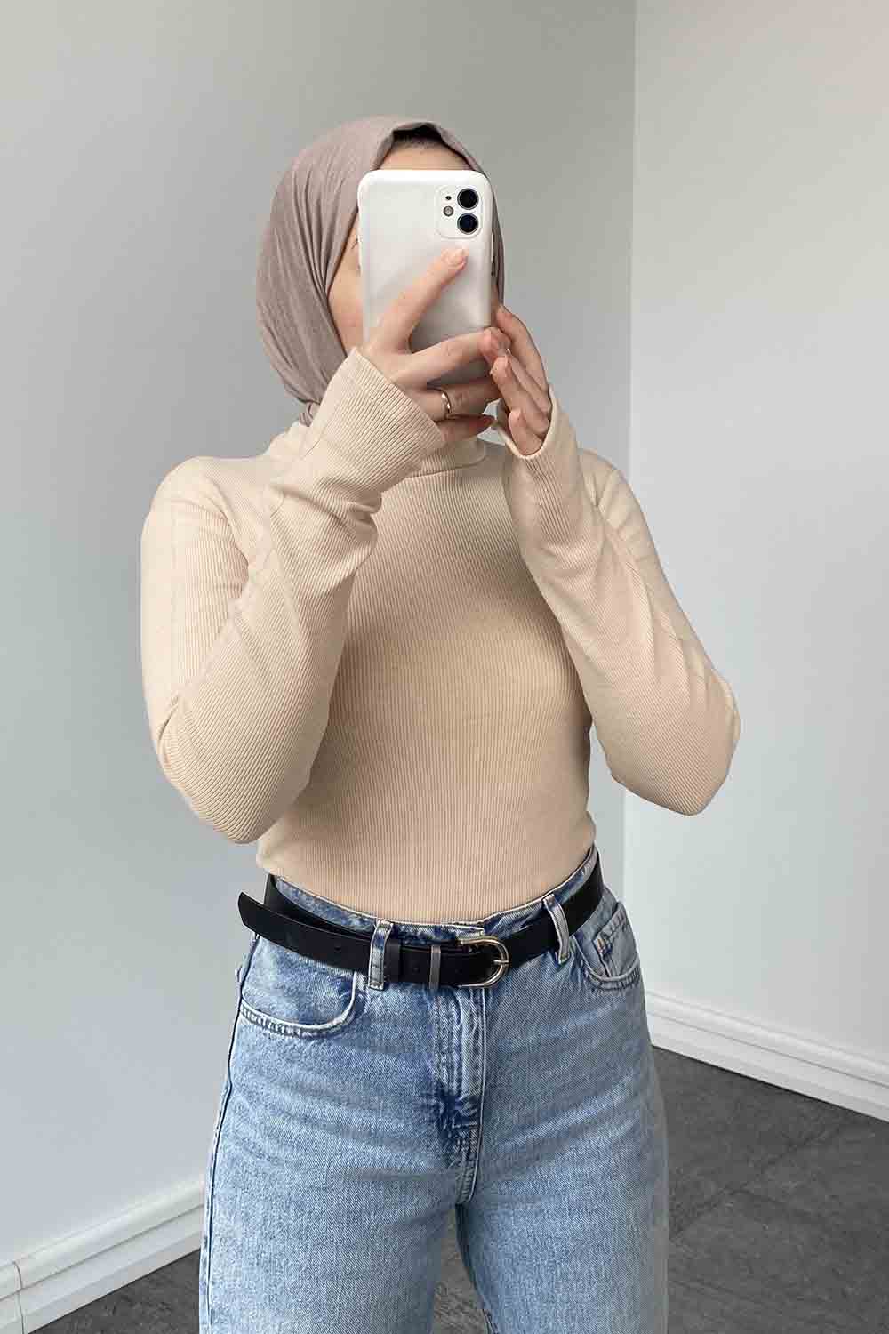 Lamelif Balıkçı Yaka Fitilli Body Krem