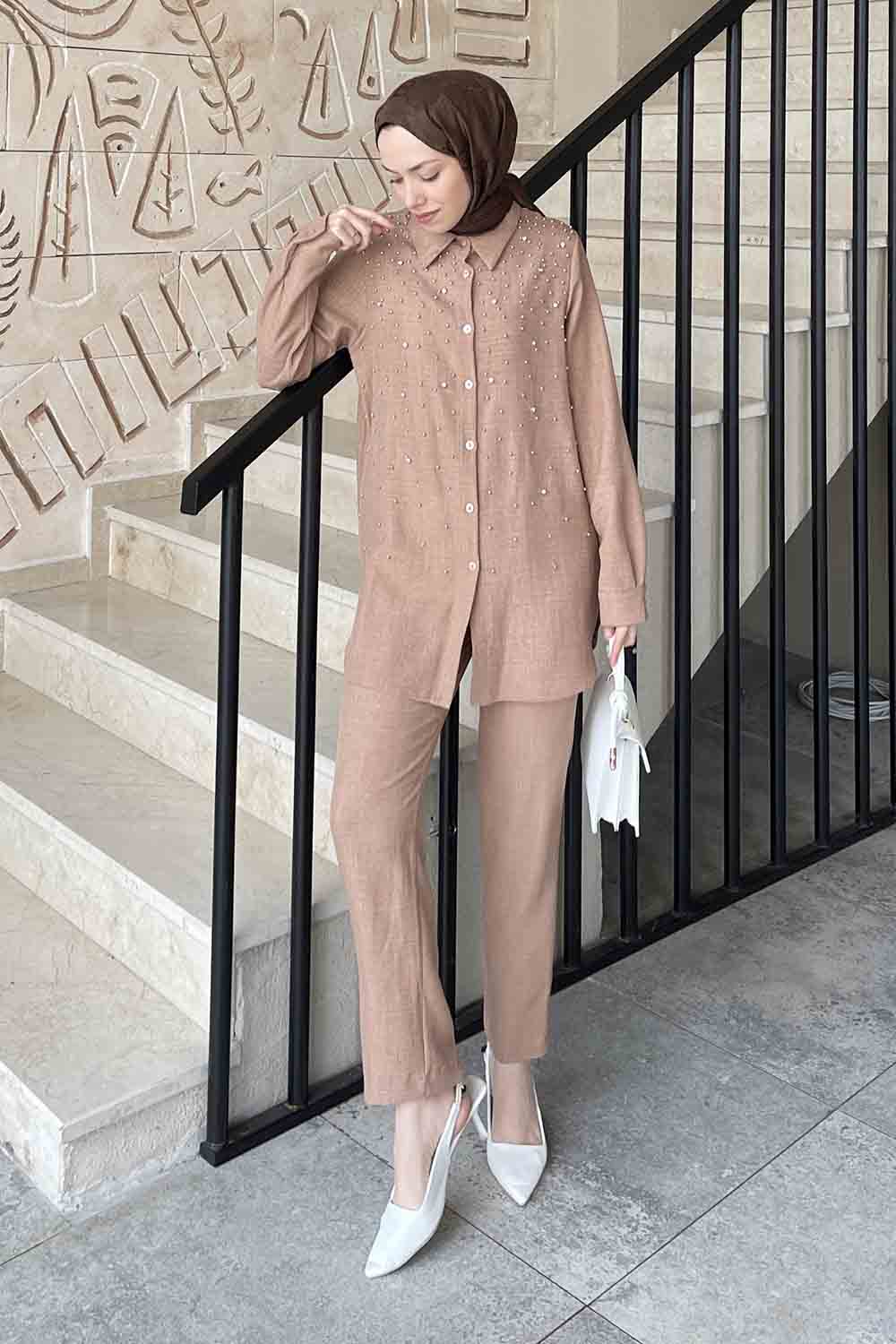 Brown With Milk Shirt Collar Long Arm Without Accessories Cotton Trousers Comfortable Suit