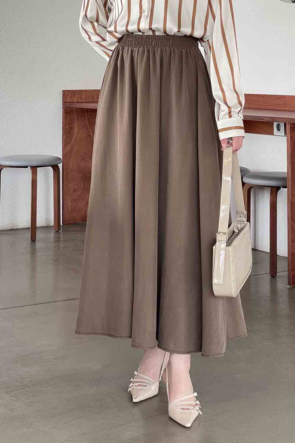 Lamelif Cep Detaylı Tensel Kloş Etek Kahve