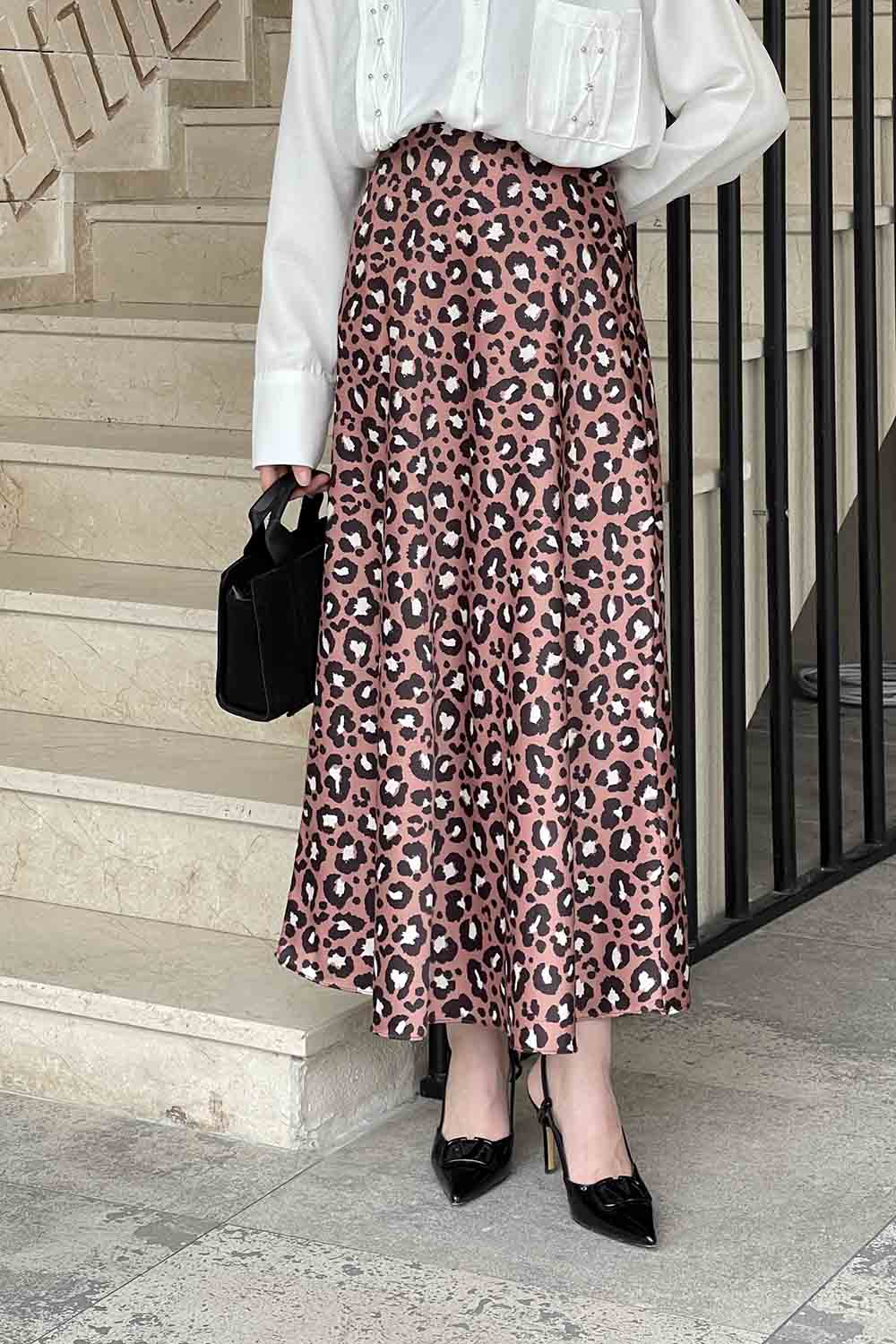 Lamelif Saten Pamuklu Leopar Etek Gül Rengi