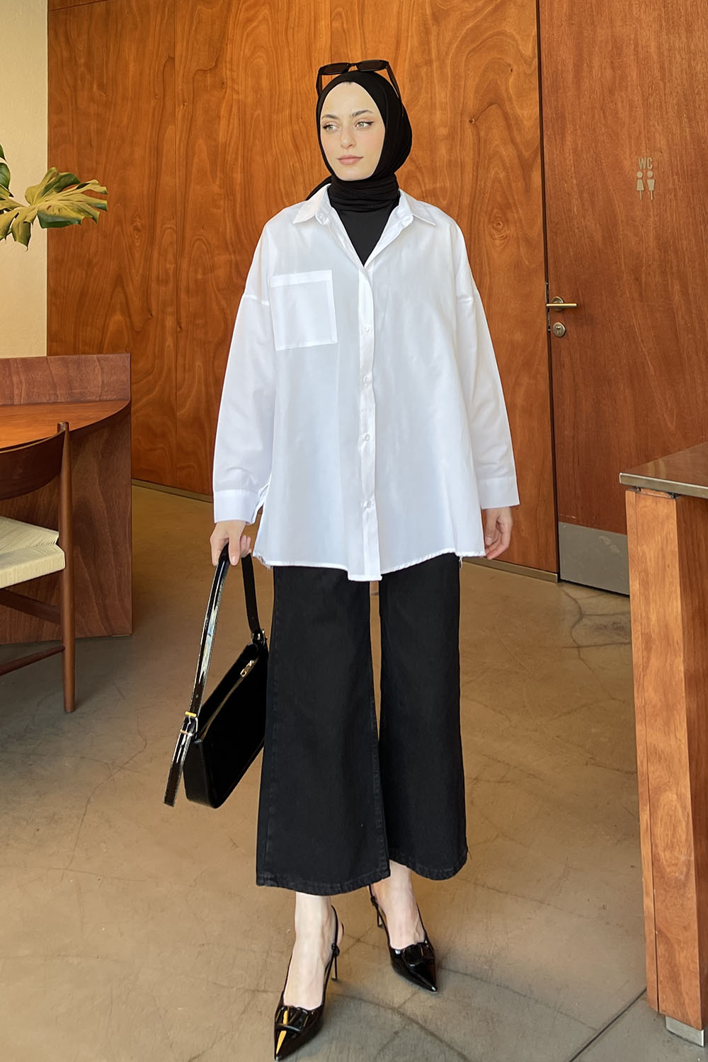 Lamelif Tek Cep Detaylı Oversize Gömlek Beyaz