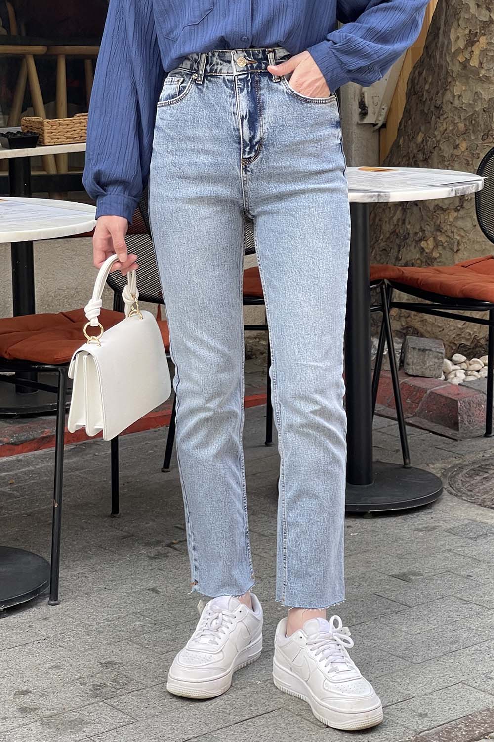 Ice Blue Denim Normal Waist Denim Pants