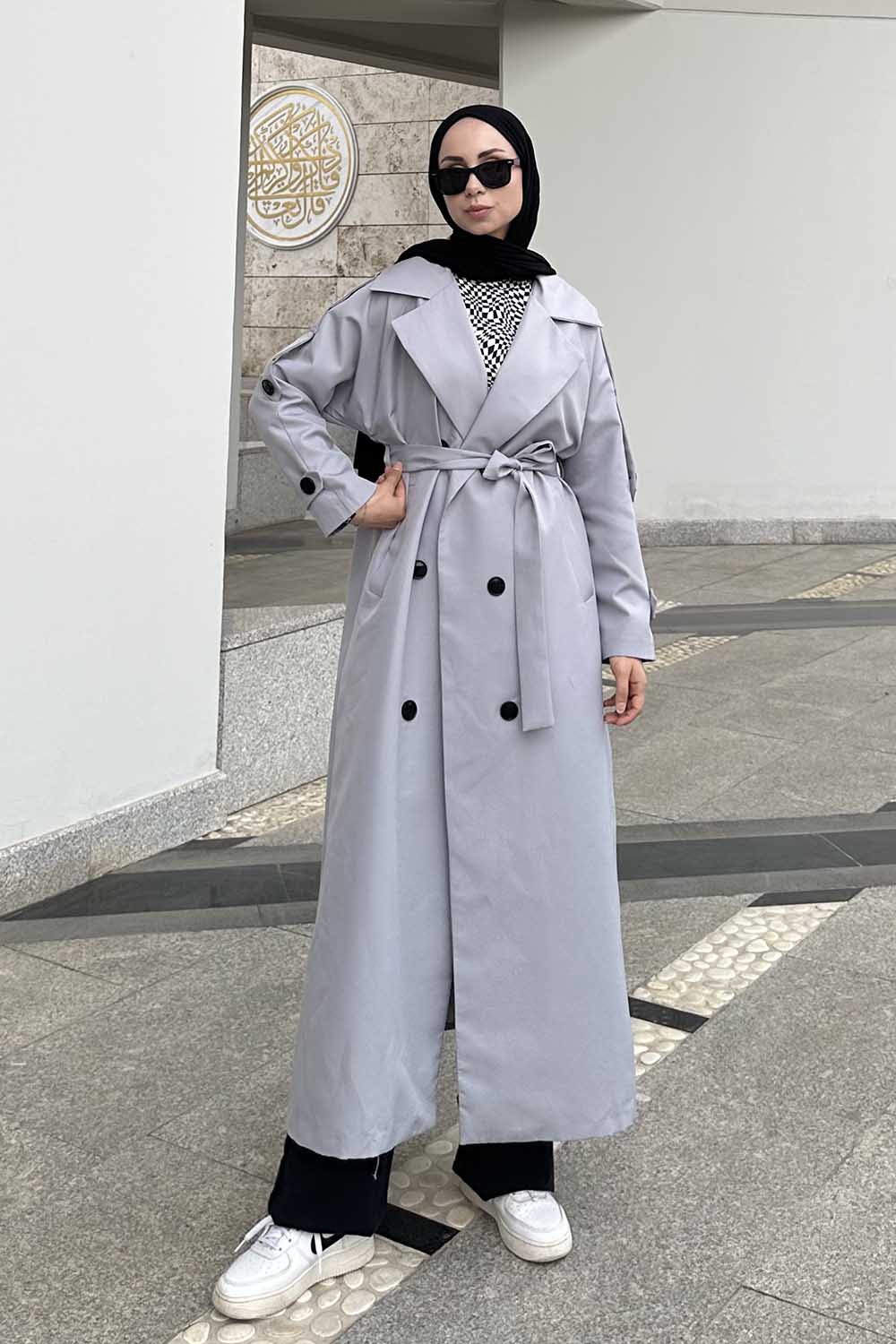 Gray Long Arm Belted Cotton Trench Coat