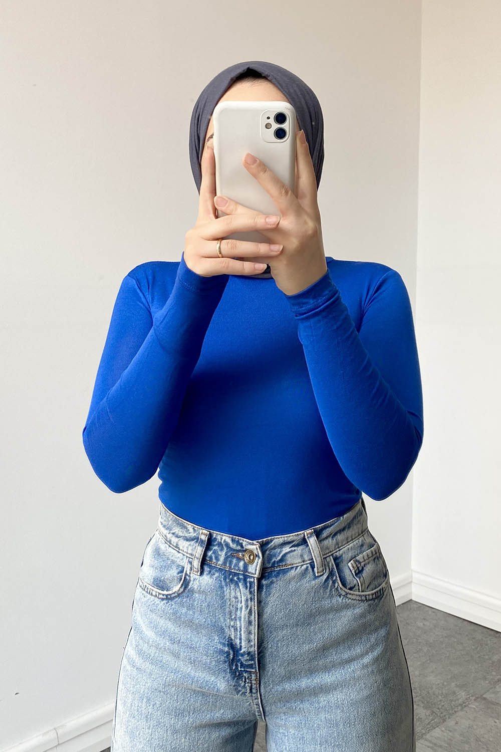 Lamelif Yarım Balıkçı Yaka Düz Renk Body Saks Mavisi