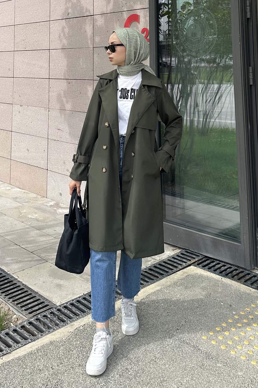 Lamelif Klasik Kuşaklı Trenç Haki