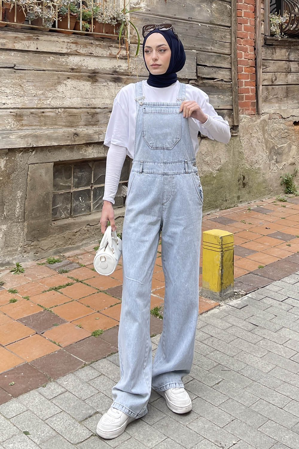 Lamelif Dekoratif Cep Detaylı Kot Tulum Buz Mavisi