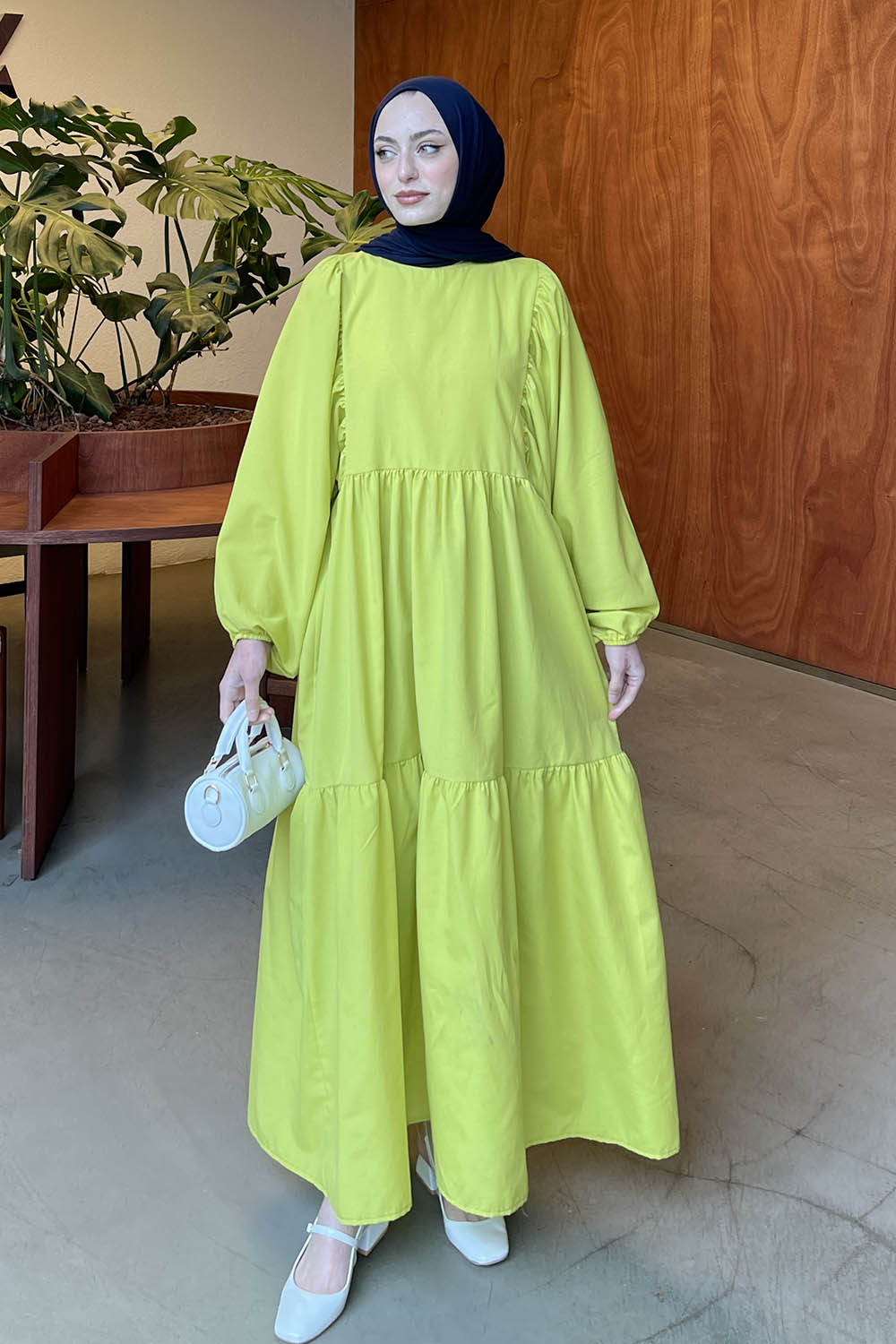 Lamelif Balon Kol Katlı Tesettür Elbise Yağ Yeşili