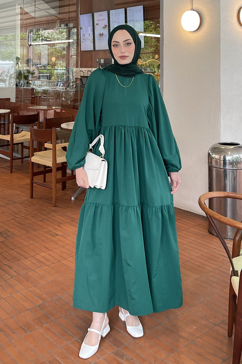 Lamelif Balon Kol Katlı Tesettür Elbise Zümrüt