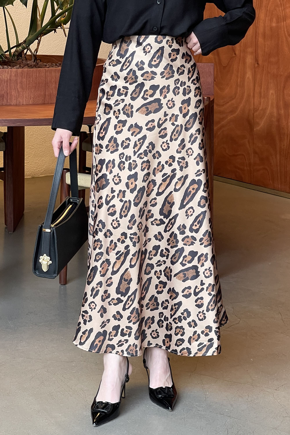 Lamelif Saten Pamuklu Leopar Etek Camel