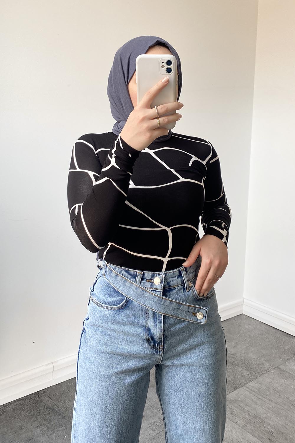 Lamelif Bisiklet Yaka Desenli Body Siyah