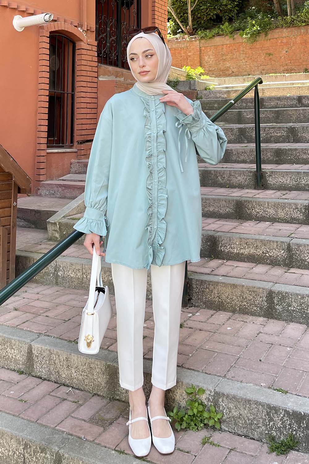 Plum Green Mandarin Collar Cotton Unprinted Tunic