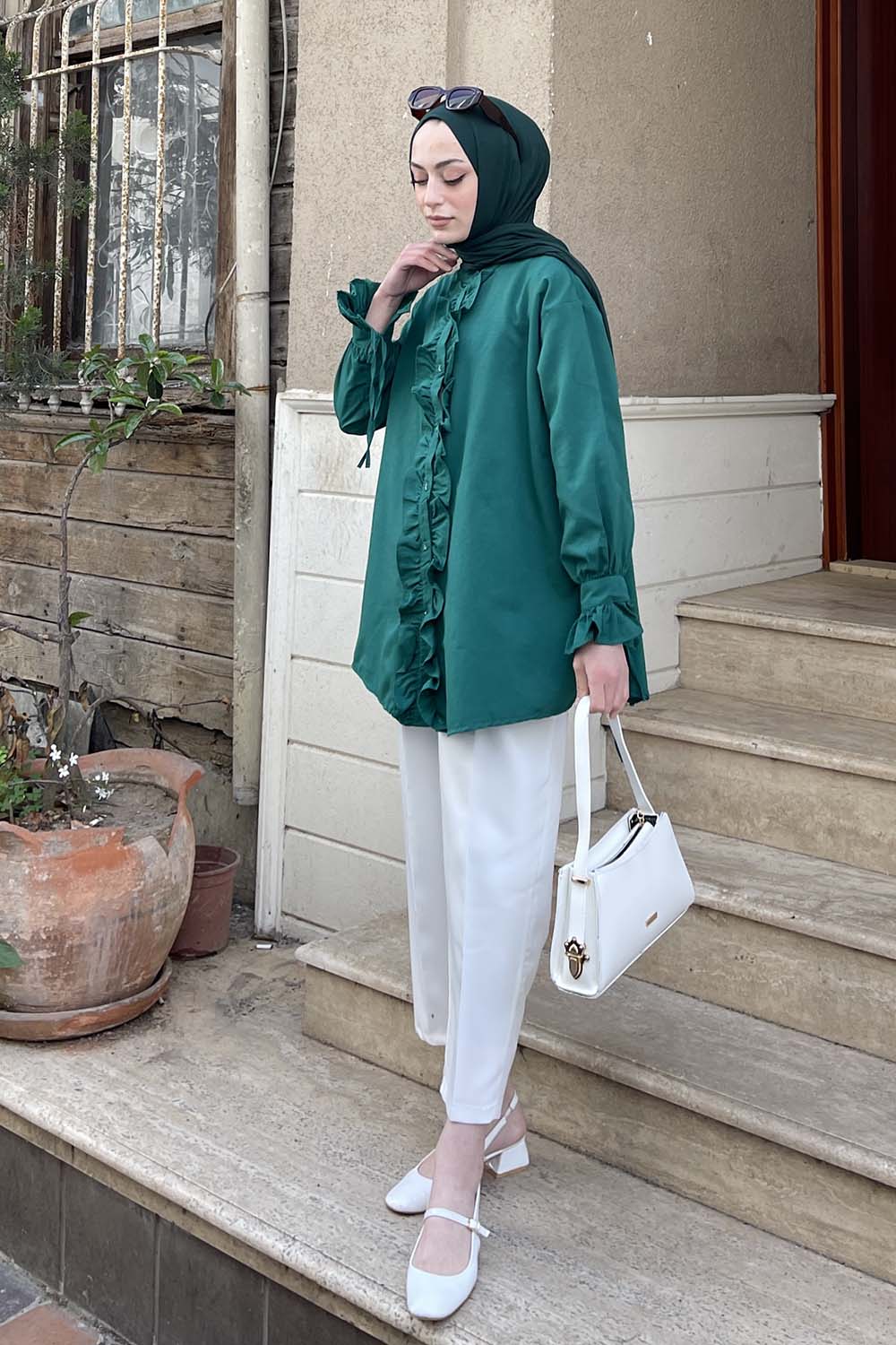 Lamelif Flores Fırfırlı Tunik Zümrüt