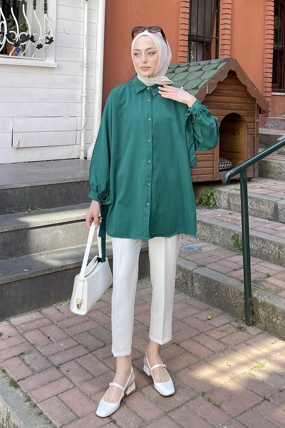 Lamelif Kol Detaylı Gömlek Zümrüt