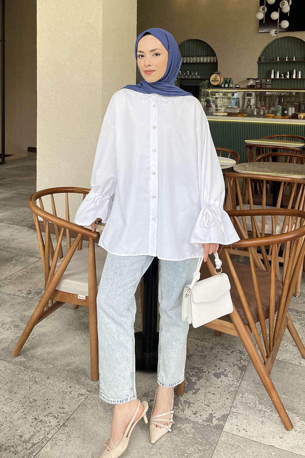 Lamelif Kol Tünel İp Detaylı Gömlek Beyaz