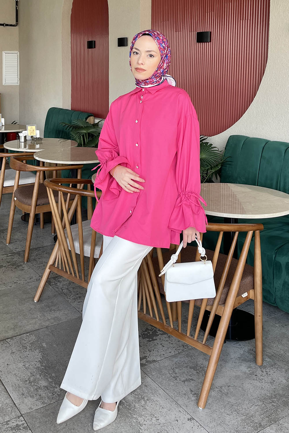 Lamelif Kol Tünel İp Detaylı Gömlek Fuşya