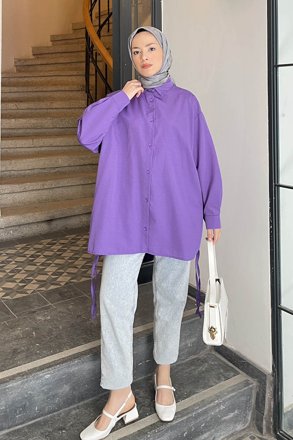 Lamelif Oversize Gömlek Mor