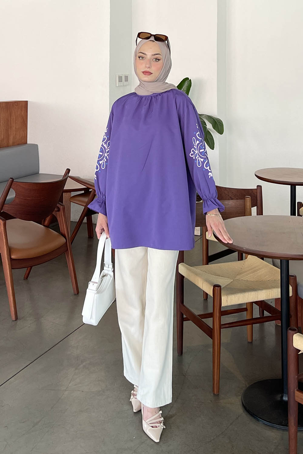 Lamelif Kol Baskılı Tunik Mor