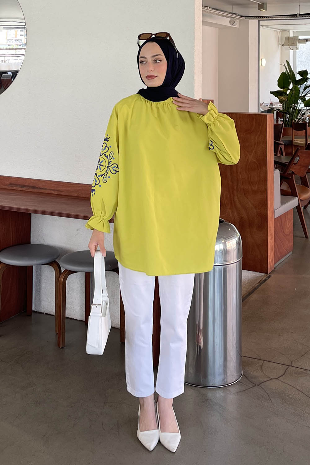 Lamelif Kol Baskılı Tunik Yağ Yeşili