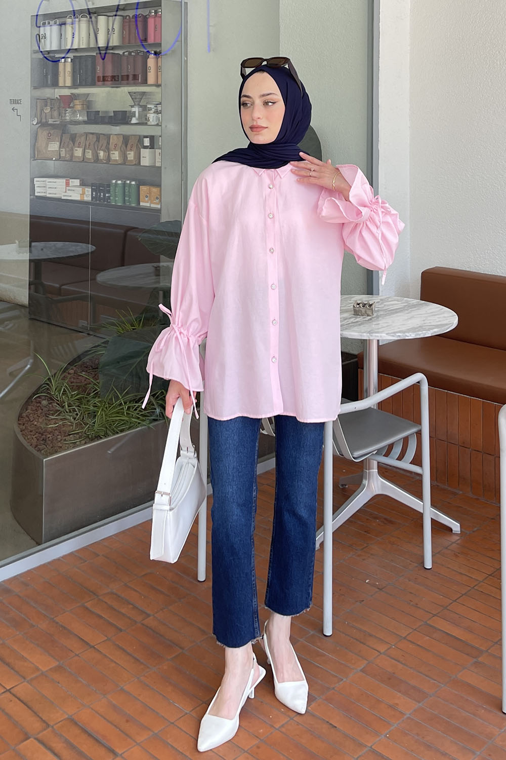 Lamelif Kol Tünel İp Detaylı Gömlek Şeker Pembesi