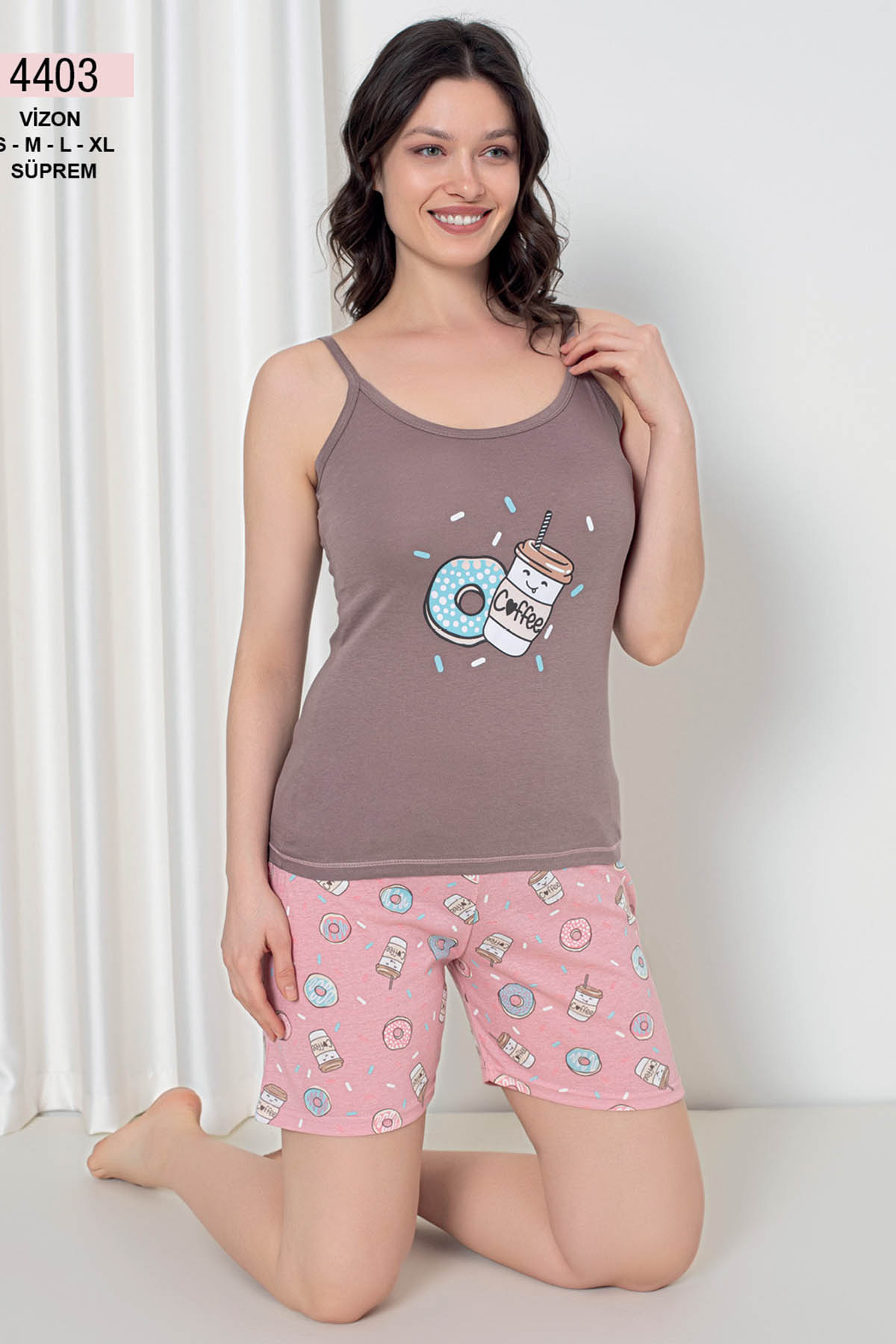 Lamelif İnce Askılı Şort Pijama Takımı Kadın Soft Kahve 