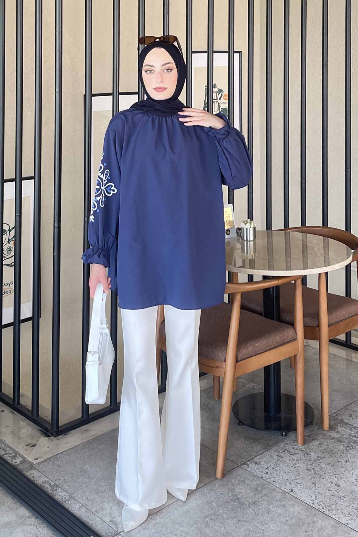 Lamelif Kol Baskılı Tunik Lacivert