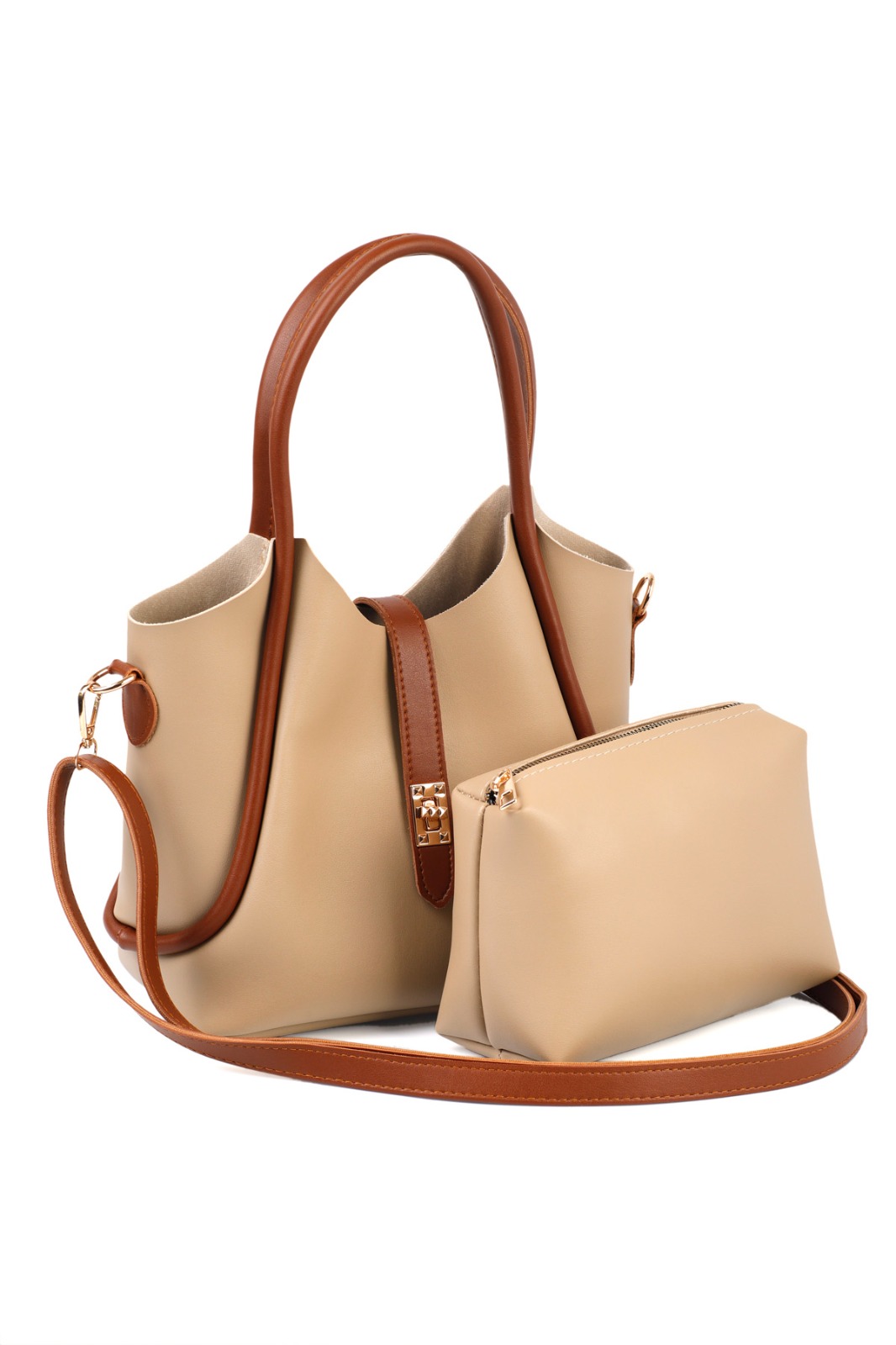 Lamelif Kilit Detaylı Kanguru El Ve Omuz Çantası Yavru Çantalı Kadın Vizonrengi Taba