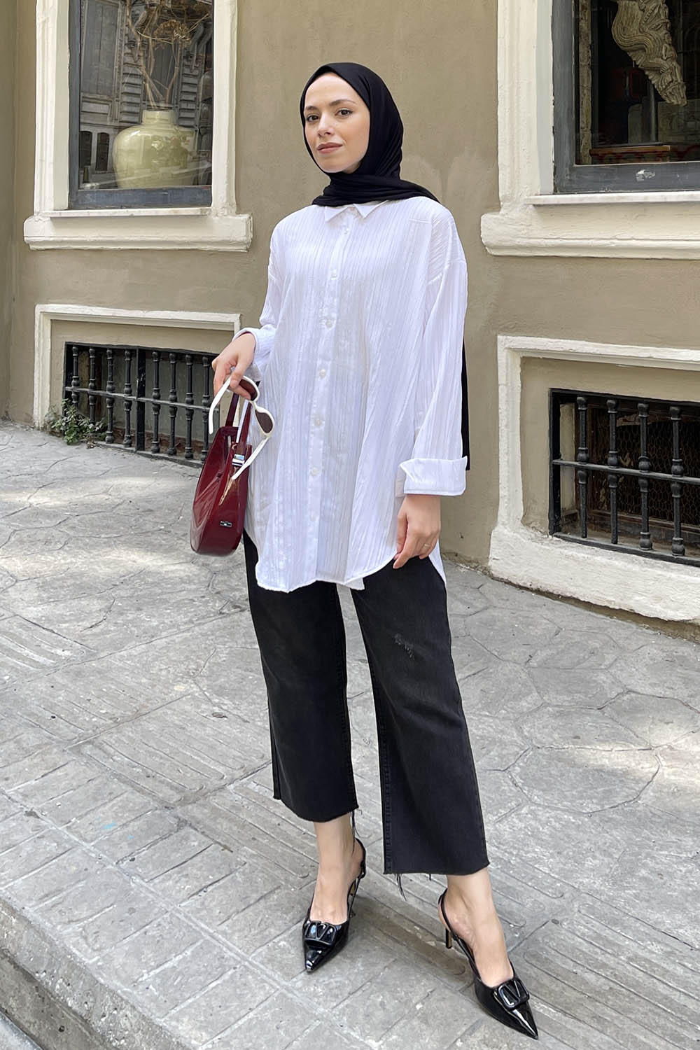 Lamelif Ovesize Gofre Gömlek Beyaz
