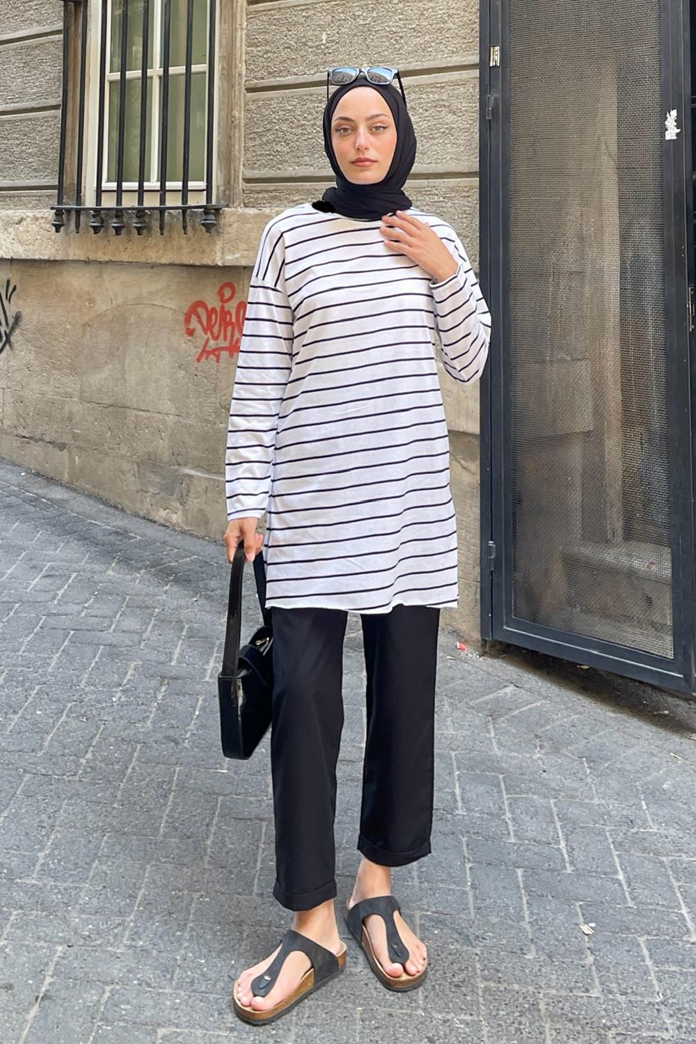 Lamelif Çizgili Uzun Kol Tunik Beyaz-Siyah