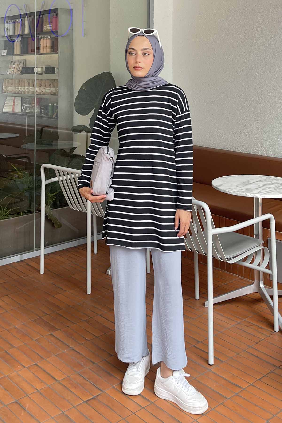 Lamelif Çizgili Uzun Kol Tunik Siyah