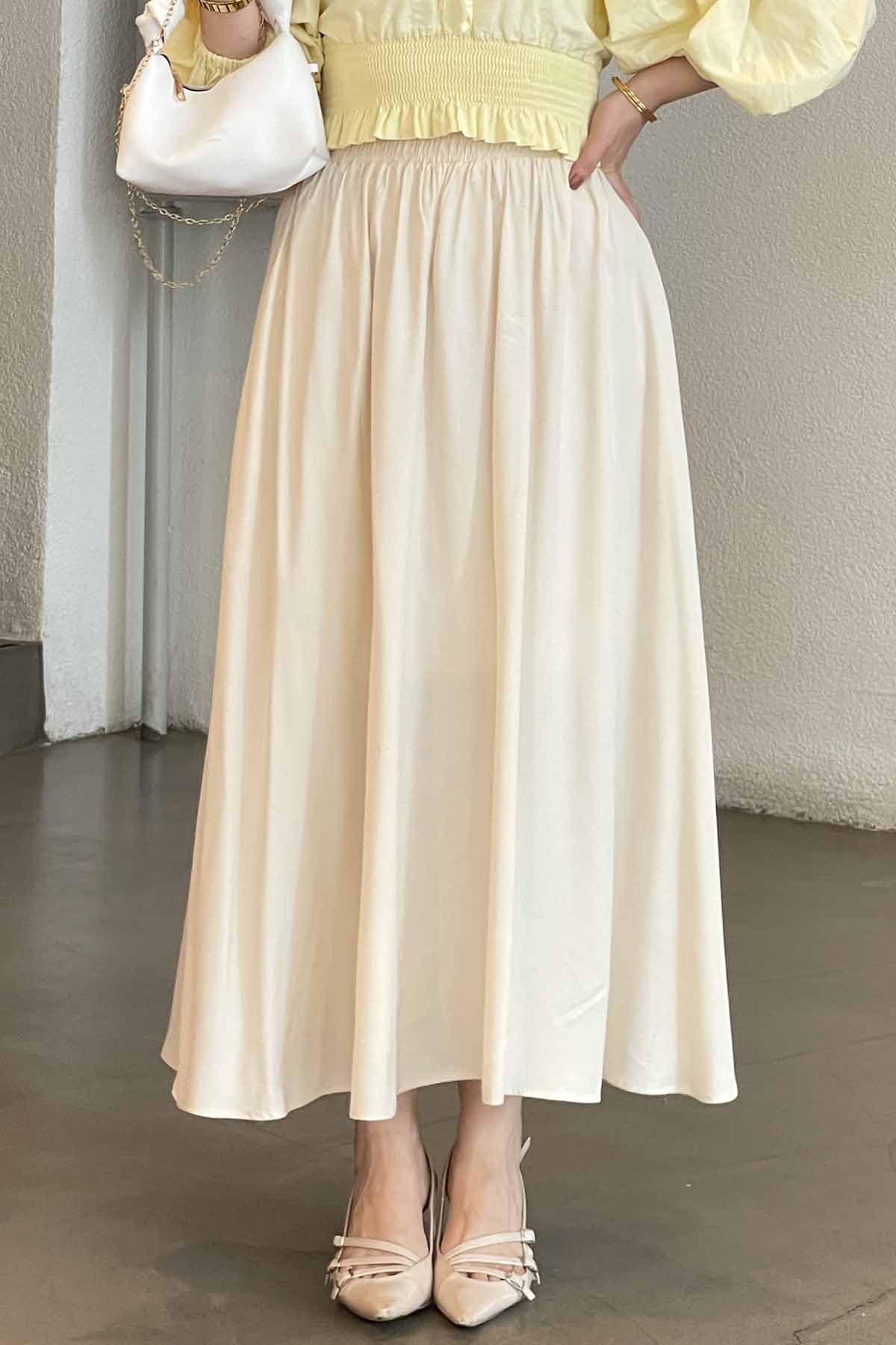 Lamelif Cep Detaylı Tensel Kloş Etek Krem