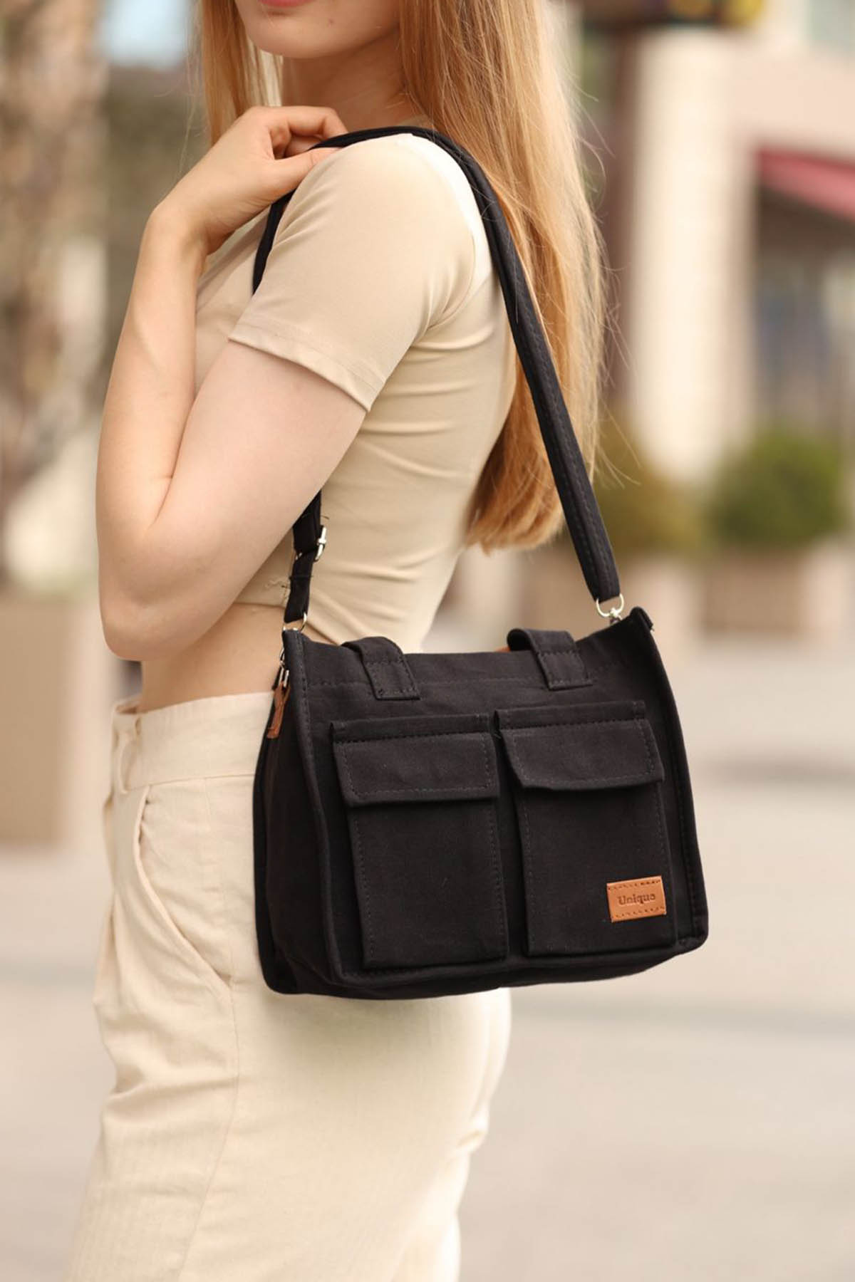Lamelif Cepli Mini Kanvas Kadın Çapraz Çanta Siyah
