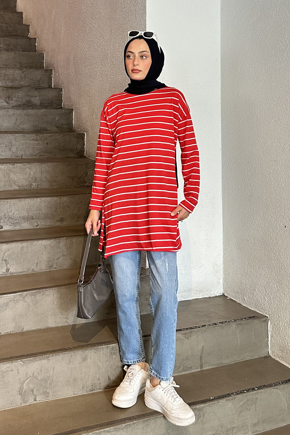 Lamelif Çizgili Uzun Kol Tunik Nar Çiçeği