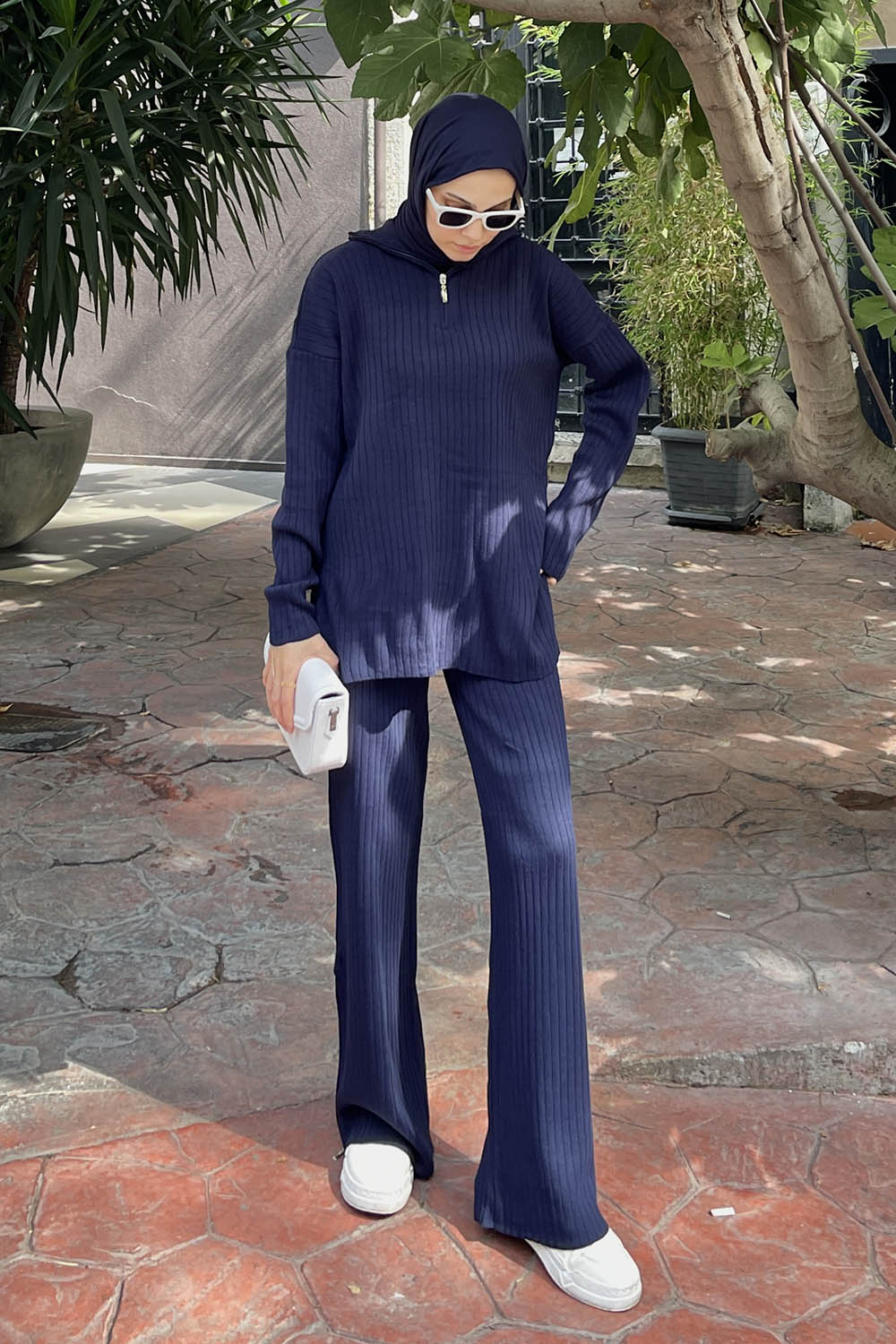Lamelif Fermuar Detaylı Pantolon Tesettür Takım Lacivert