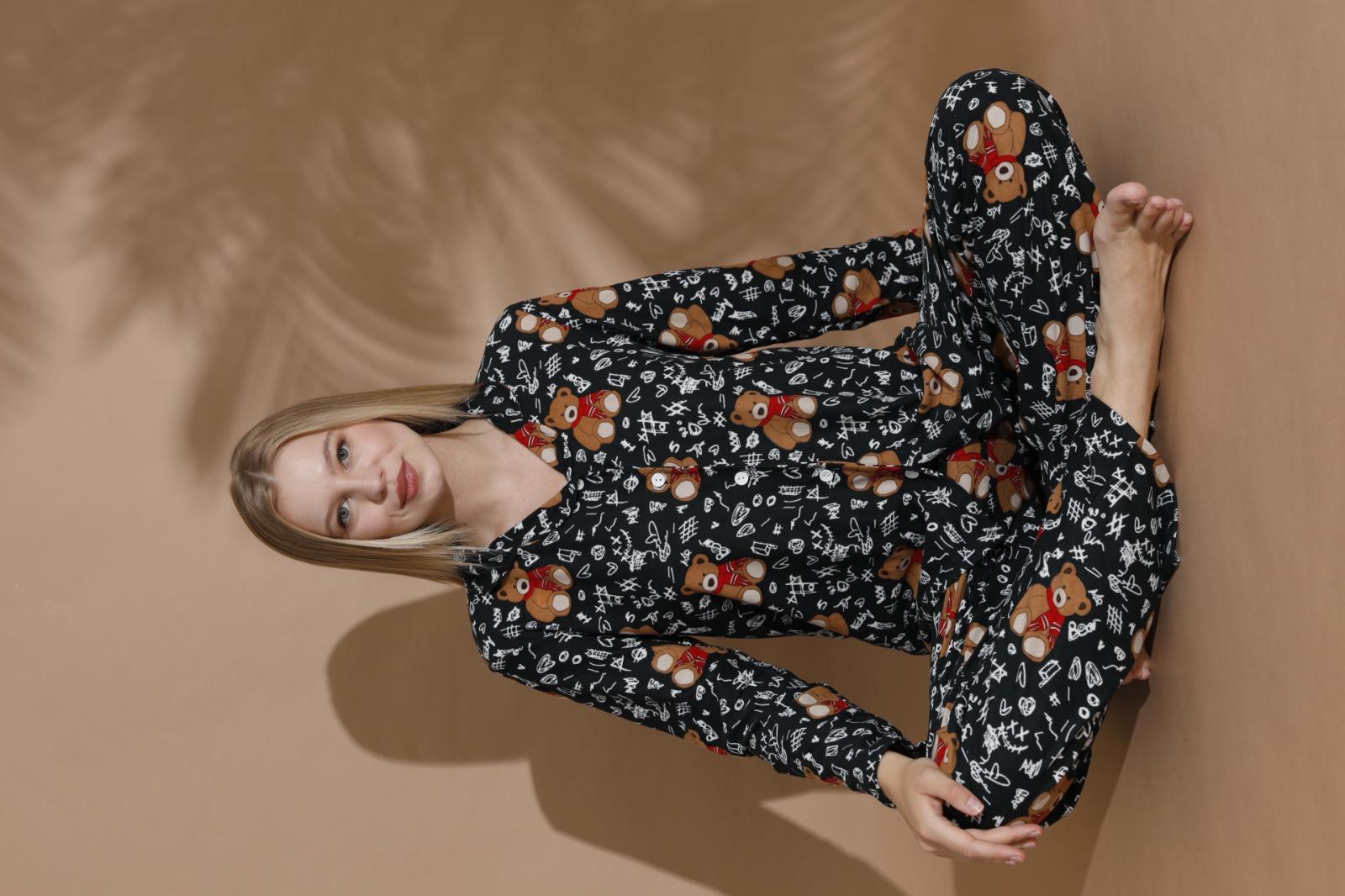 Lamelif Ayıcık Desenli Gömlek Yaka Pijama Seti