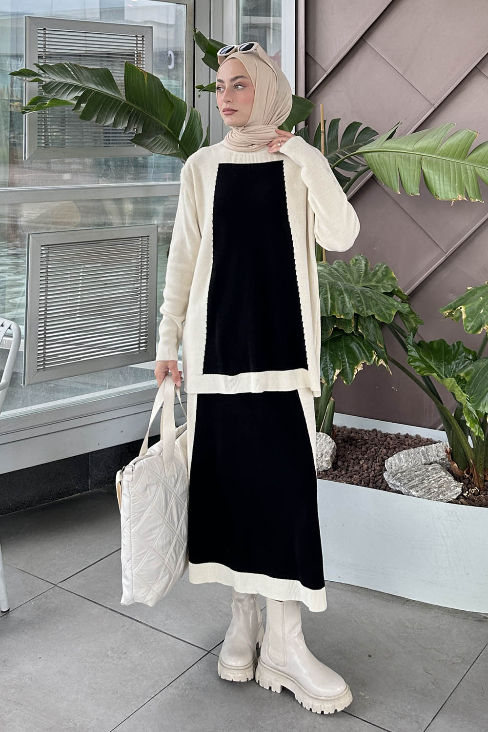 Lamelif Fitilli Kumaş Triko Tesettür Takım Krem