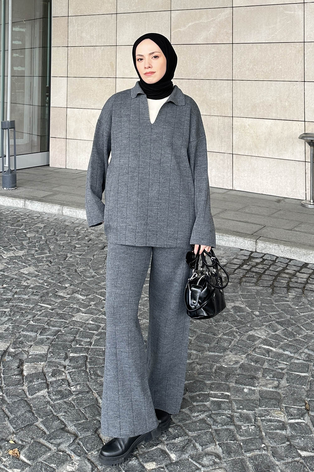 Lamelif Yaka Detay İkili Tesettür Takım Antrasit