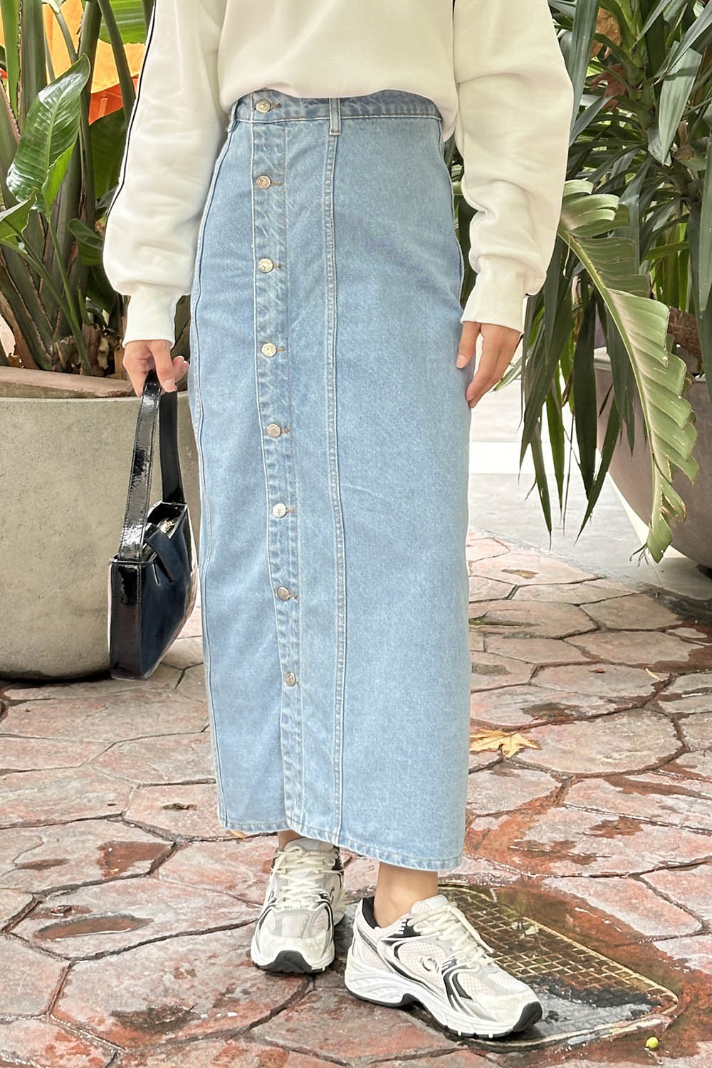 Lamelif Düğmeli Kot Etek Buz Mavisi