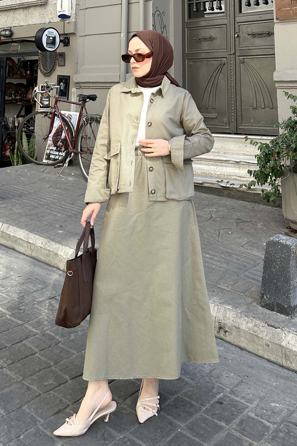 Lamelif Cep Detaylı İkili Etek  Tesettür Takım Haki