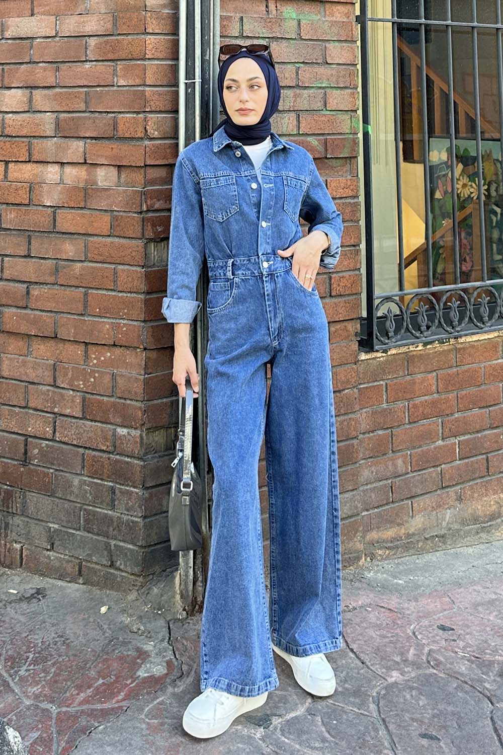 Lamelif Uzun Kollu Kot Tulum Kot Mavisi