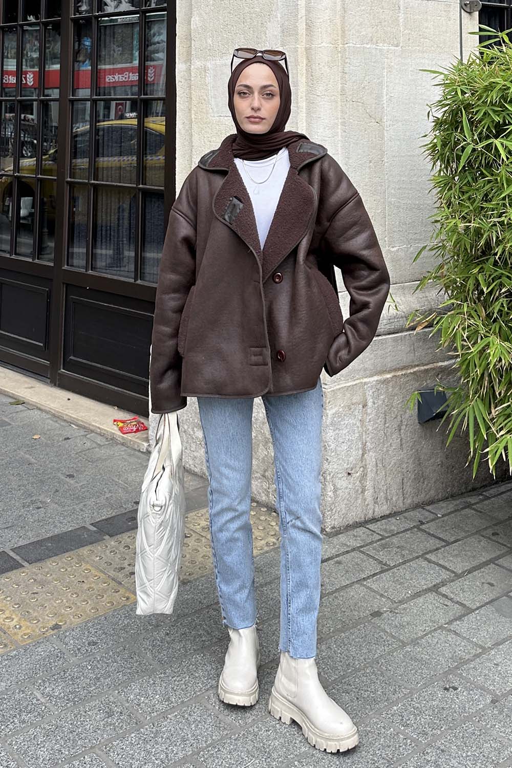 Lamelif Süet Düğmeli Mont Acı Kahve