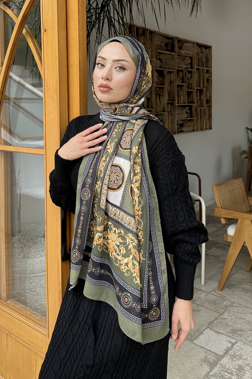 Lamelif Versa Desen Pamuk Şal Haki