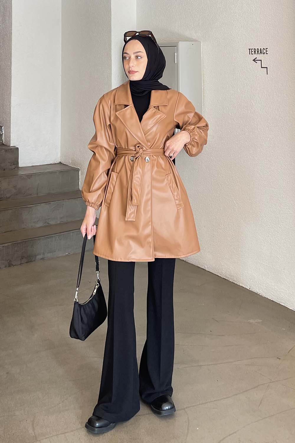 Brown Long Arm Belted Buttoned Skin Trench Coat