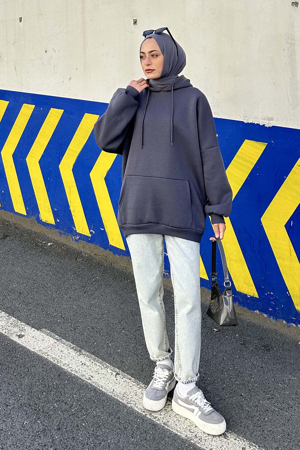 Lamelif Üç İplik Kanguru Cep Sweatshirt Antrasit