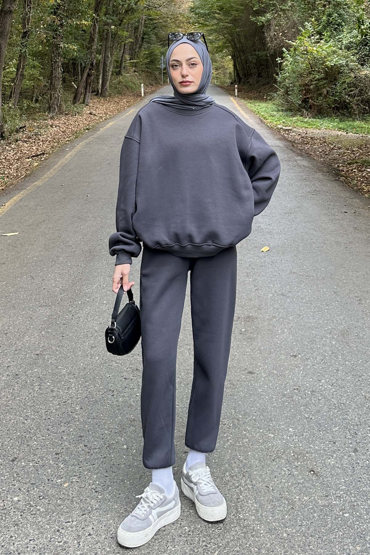 Lamelif Bisiklet Yaka Ribanalı İkili Eşofman Tesettür Takım Füme