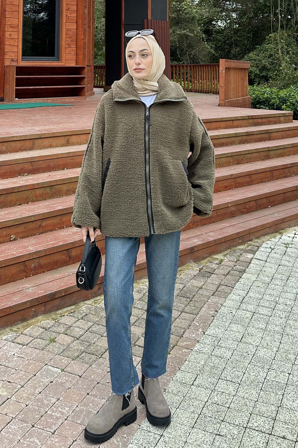 Lamelif Biye Detaylı Tedy Peluş Mont Haki