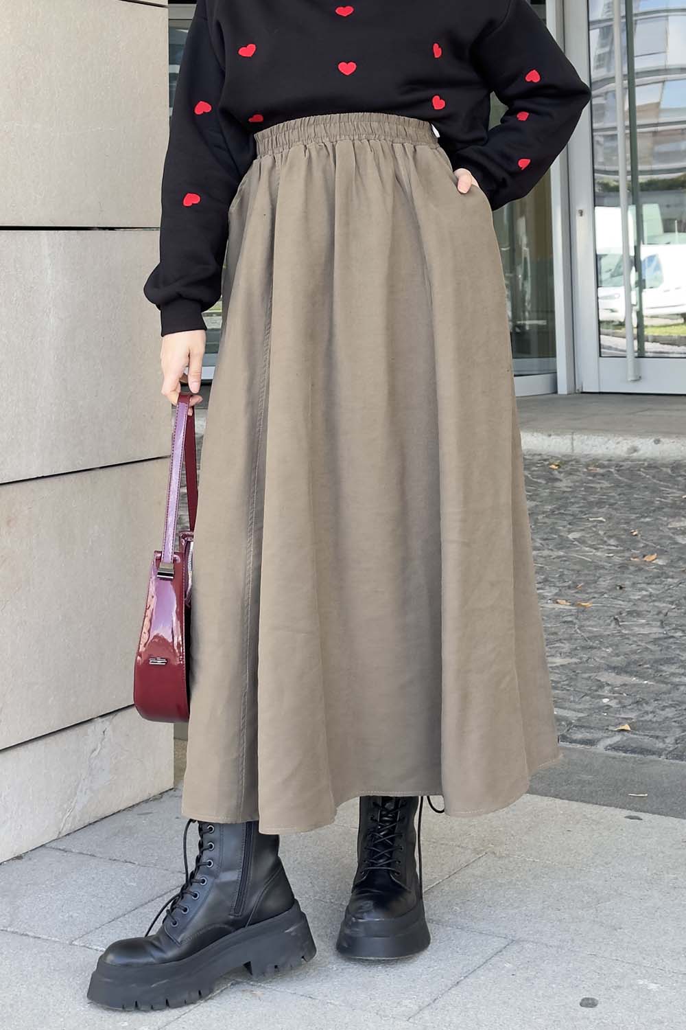 Lamelif Cep Detaylı Keten Kloş Etek Koyu Yeşil