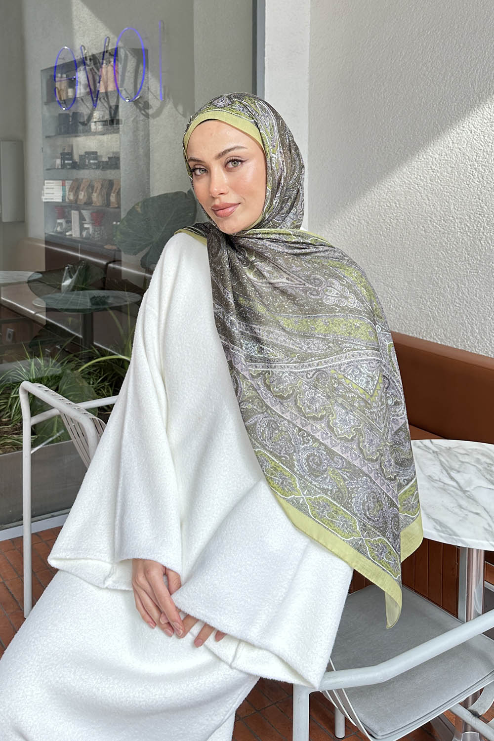 Lamelif Retro Desen Pamuk Şal Yağ Yeşili