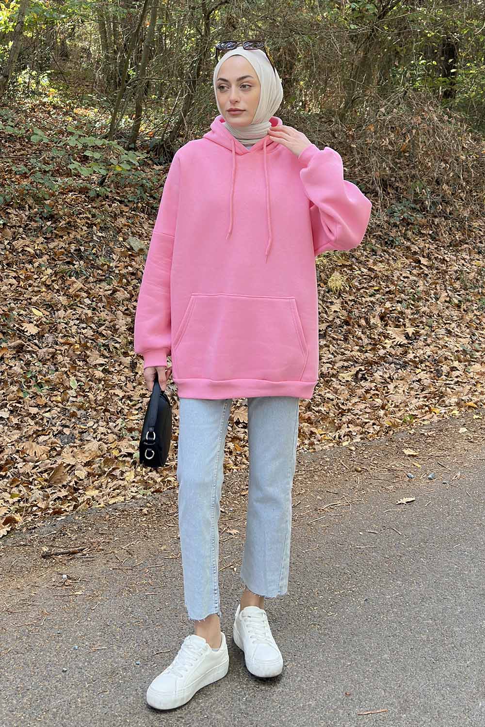 Lamelif Üç İplik Kanguru Cep Sweatshirt Pembe