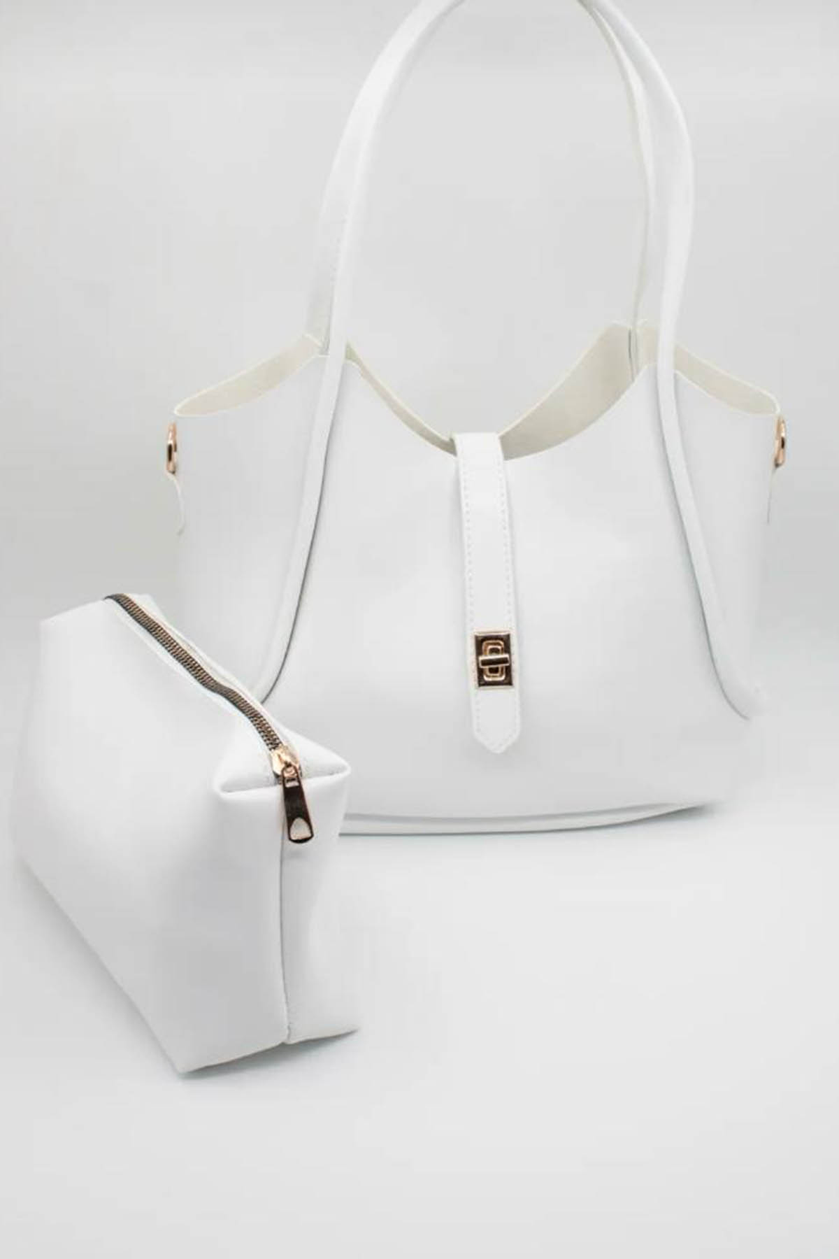 Lamelif Kilit Detaylı Kanguru El Ve Omuz Çantası Yavru Çantalı Kadın Beyaz